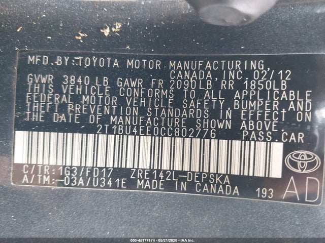 45177174 :رقم المزاد ، 2T1BU4EE0CC802776 vin ، 2012 Toyota Corolla S مزاد بيع