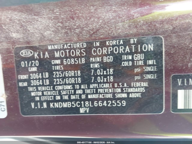 Aukcja sprzedaży 2020 Kia Sedona Ex, vin: KNDMB5C18L6642559, numer aukcji: 45177188