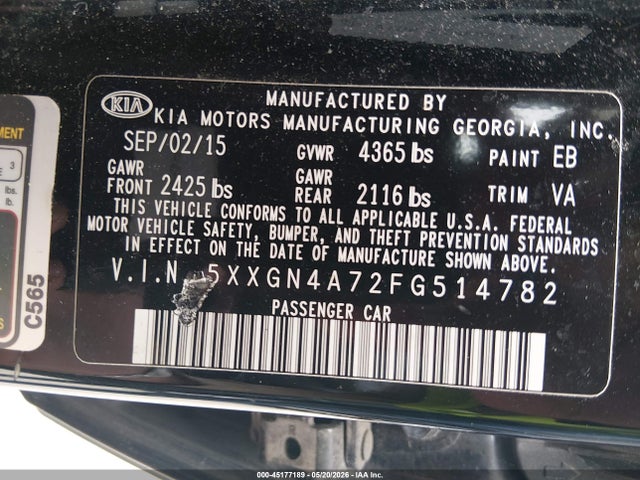 45177189 :رقم المزاد ، 5XXGN4A72FG514782 vin ، 2015 Kia Optima Ex مزاد بيع