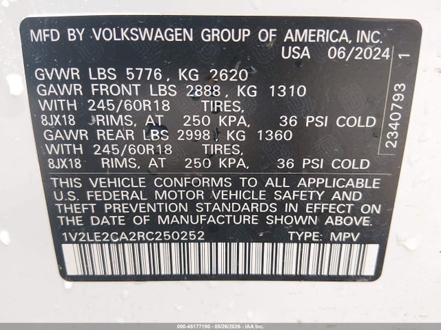 2024 Volkswagen Atlas Cross Sport 2.0t Se მანქანა იყიდება აუქციონზე, vin: 1V2LE2CA2RC250252, აუქციონის ნომერი: 45177190
