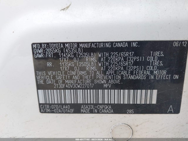 2012 Toyota Rav4 Limited მანქანა იყიდება აუქციონზე, vin: 2T3DF4DV3CW227017, აუქციონის ნომერი: 45177192