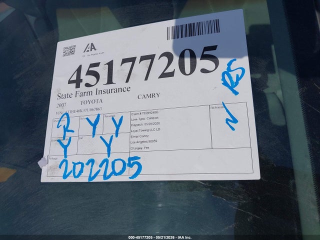 2007 Toyota Camry Le მანქანა იყიდება აუქციონზე, vin: 4T1BE46K37U067863, აუქციონის ნომერი: 45177205