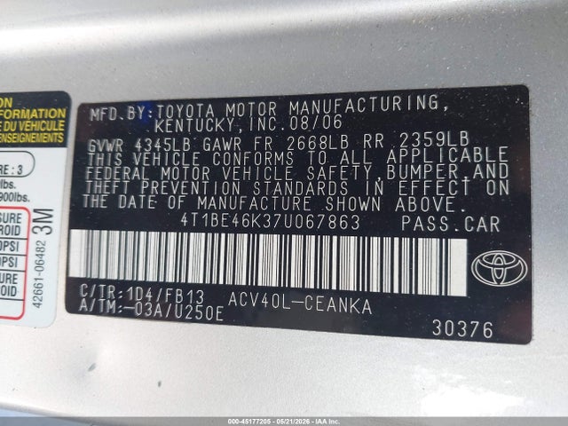 2007 Toyota Camry Le მანქანა იყიდება აუქციონზე, vin: 4T1BE46K37U067863, აუქციონის ნომერი: 45177205