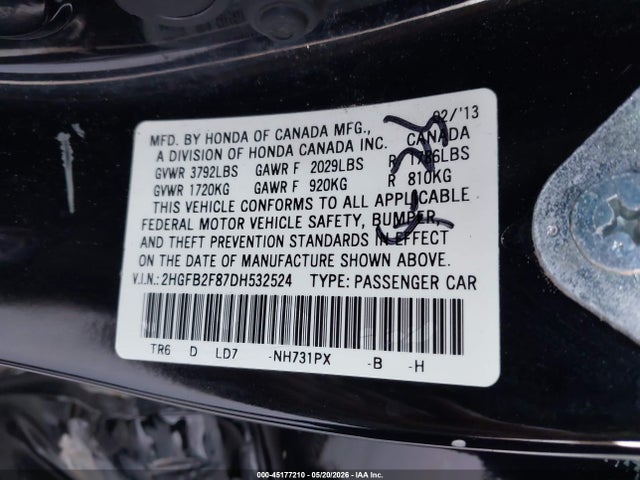 2013 Honda Civic Ex მანქანა იყიდება აუქციონზე, vin: 2HGFB2F87DH532524, აუქციონის ნომერი: 45177210