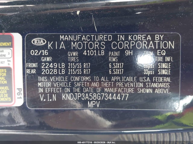 45177216 :رقم المزاد ، KNDJP3A58G7344477 vin ، 2016 Kia Soul + مزاد بيع
