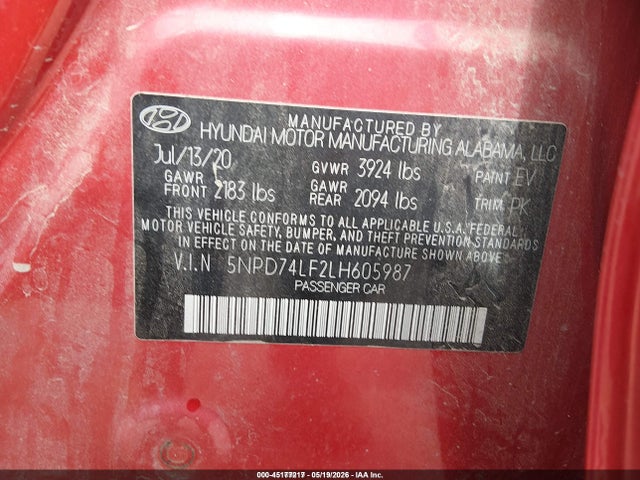 Aukcja sprzedaży 2020 Hyundai Elantra Se, vin: 5NPD74LF2LH605987, numer aukcji: 45177217