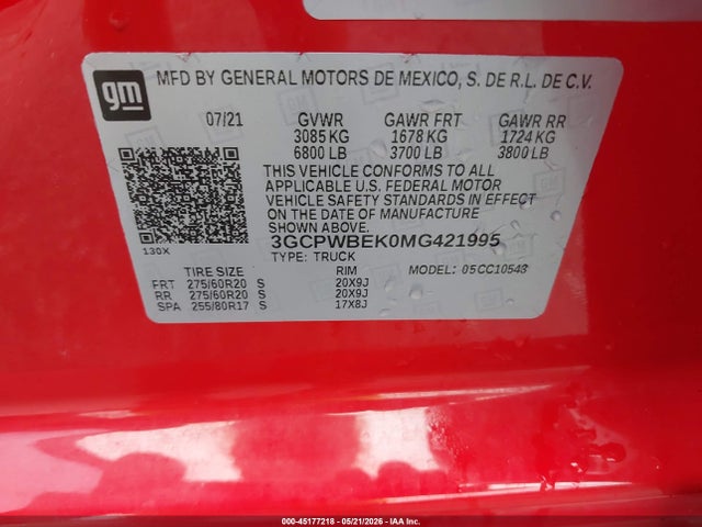 45177218 :رقم المزاد ، 3GCPWBEK0MG421995 vin ، 2021 Chevrolet Silverado 1500 2wd  Short Bed Custom مزاد بيع