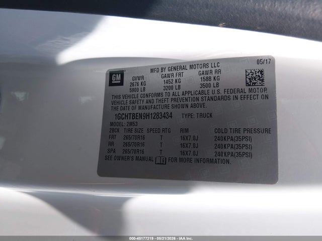 Aukcja sprzedaży 2017 Chevrolet Colorado Wt, vin: 1GCHTBEN9H1283434, numer aukcji: 45177219