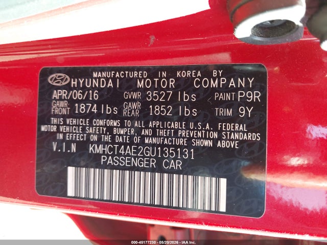 2016 Hyundai Accent Se მანქანა იყიდება აუქციონზე, vin: KMHCT4AE2GU135131, აუქციონის ნომერი: 45177230