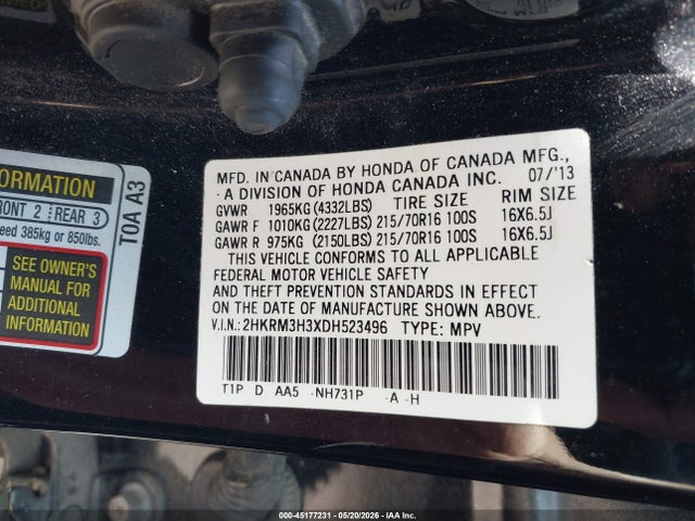 2013 Honda Cr-v Lx მანქანა იყიდება აუქციონზე, vin: 2HKRM3H3XDH523496, აუქციონის ნომერი: 45177231
