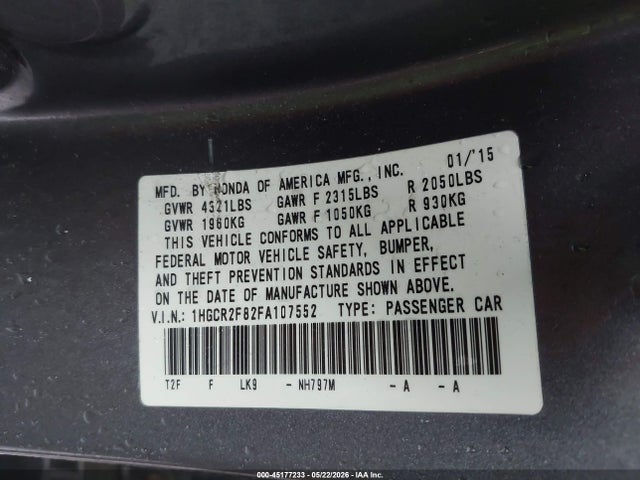 Aukcja sprzedaży 2015 Honda Accord Ex-l, vin: 1HGCR2F82FA107552, numer aukcji: 45177233