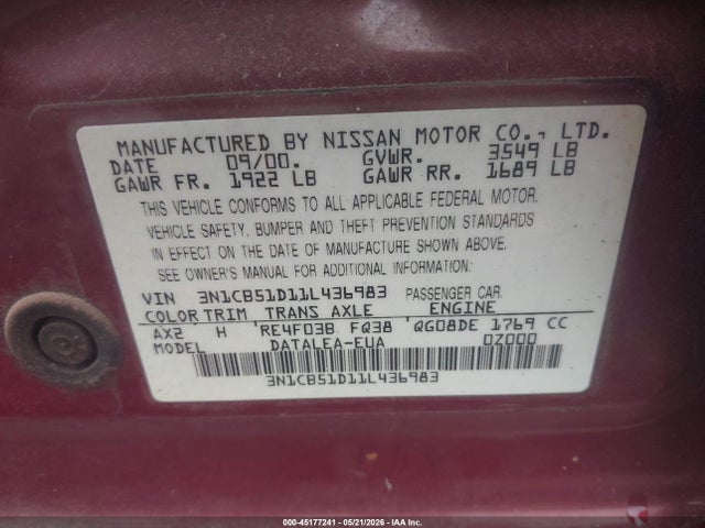 45177241 :رقم المزاد ، 3N1CB51D11L436983 vin ، 2001 Nissan Sentra Gxe مزاد بيع