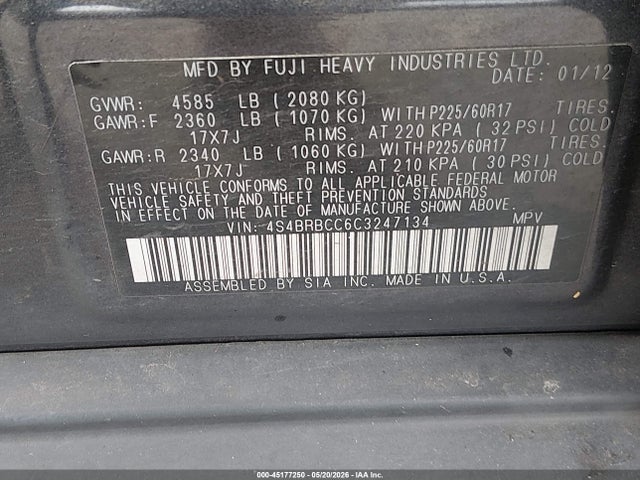 Aukcja sprzedaży 2012 Subaru Outback 2.5i Premium, vin: 4S4BRBCC6C3247134, numer aukcji: 45177250