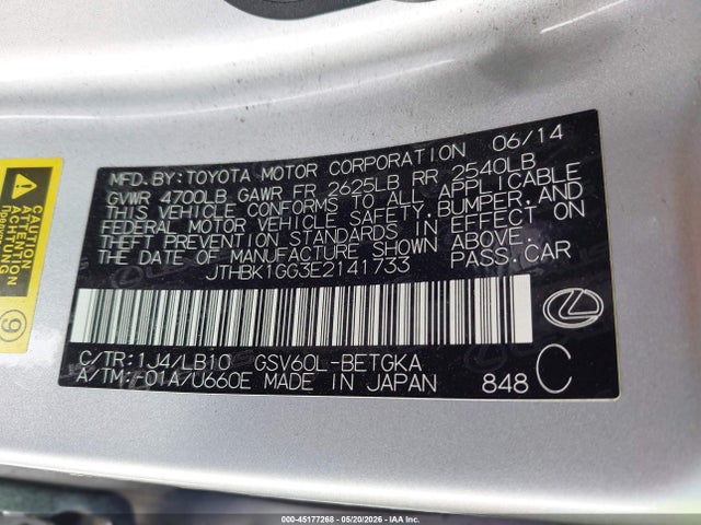 Продажа на аукционе авто 2014 Lexus Es 350, vin: JTHBK1GG3E2141733, номер лота: 45177268