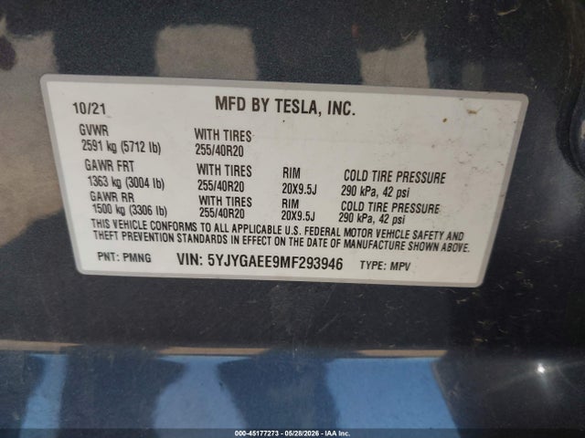 Aukcja sprzedaży 2021 Tesla Model Y Long Range Dual Motor All-wheel Drive, vin: 5YJYGAEE9MF293946, numer aukcji: 45177273