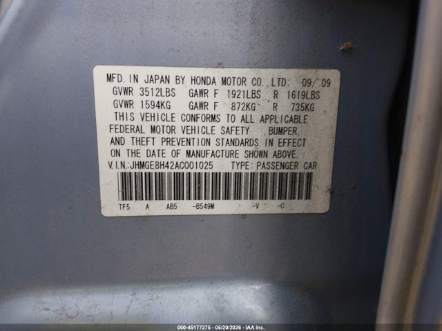 2010 Honda Fit Sport მანქანა იყიდება აუქციონზე, vin: JHMGE8H42AC001025, აუქციონის ნომერი: 45177275