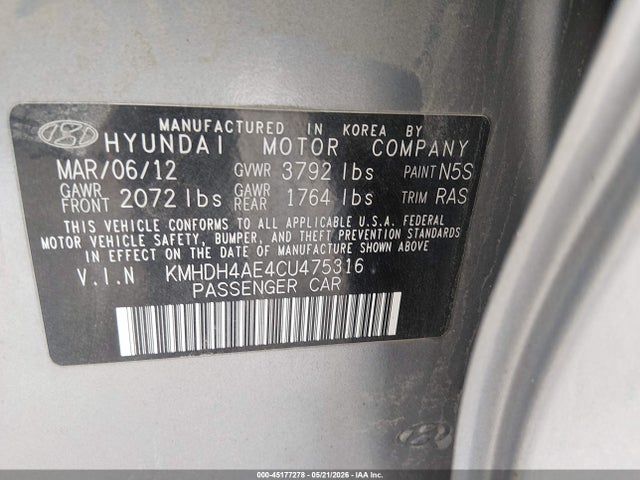 45177278 :رقم المزاد ، KMHDH4AE4CU475316 vin ، 2012 Hyundai Elantra Limited (ulsan Plant) مزاد بيع