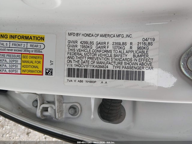 Aukcja sprzedaży 2019 Honda Accord Lx, vin: 1HGCV1F11KA084624, numer aukcji: 45177283