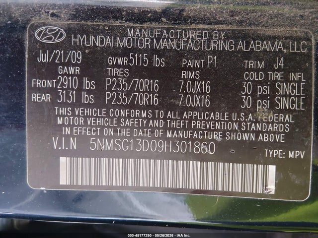 2009 Hyundai Santa Fe Gls მანქანა იყიდება აუქციონზე, vin: 5NMSG13D09H301860, აუქციონის ნომერი: 45177290