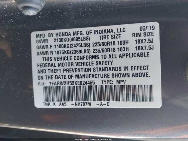2019 Honda Cr-v Ex მანქანა იყიდება აუქციონზე, vin: 7FARW2H52KE024455, აუქციონის ნომერი: 45177291