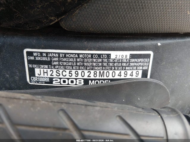 Aukcja sprzedaży 2008 Honda Cbr1000 Rr, vin: JH2SC59028M004949, numer aukcji: 45177300
