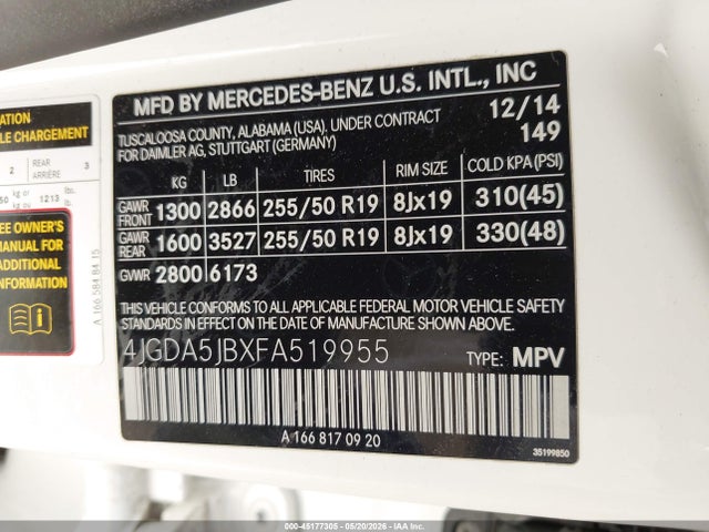 Aukcja sprzedaży 2015 Mercedes-benz Ml 350, vin: 4JGDA5JBXFA519955, numer aukcji: 45177305
