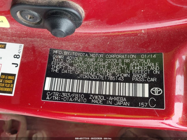 Aukcja sprzedaży 2014 Toyota Prius, vin: JTDKN3DU7E1785143, numer aukcji: 45177310