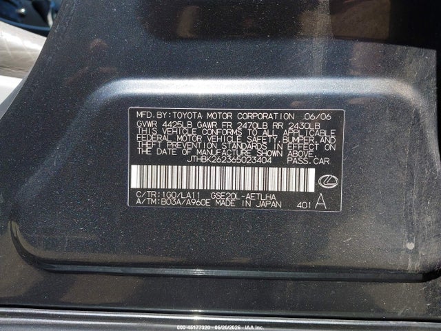 Продаж на аукціоні авто 2006 Lexus Is 250, vin: JTHBK262365023404, номер лоту: 45177320