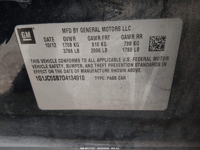 2013 Chevrolet Sonic Lt Auto მანქანა იყიდება აუქციონზე, vin: 1G1JC5SB7D4134910, აუქციონის ნომერი: 45177321