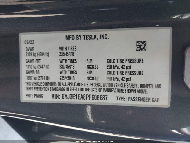 Продажа на аукционе авто 2023 Tesla Model 3 Rear-wheel Drive, vin: 5YJ3E1EA8PF608687, номер лота: 45177330