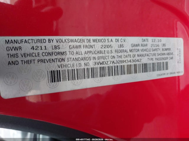 Aukcja sprzedaży 2011 Volkswagen Jetta 2.5l Se, vin: 3VWDZ7AJ2BM343042, numer aukcji: 45177342