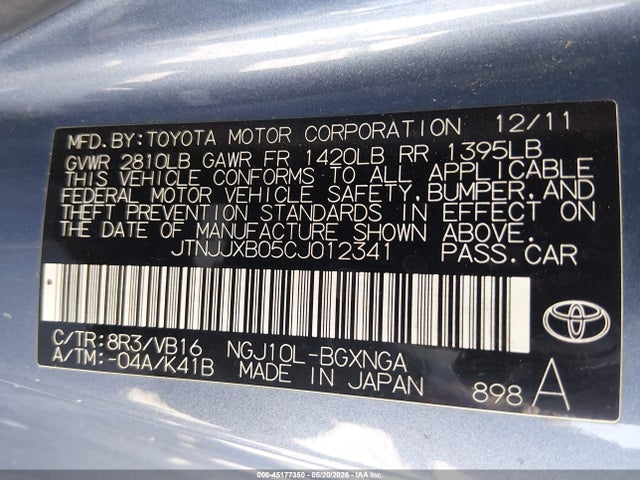 Продаж на аукціоні авто 2012 Scion Iq, vin: JTNJJXB05CJ012341, номер лоту: 45177350