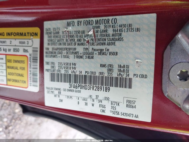 2015 Ford Fusion Se მანქანა იყიდება აუქციონზე, vin: 3FA6P0HD3FR289189, აუქციონის ნომერი: 45177353