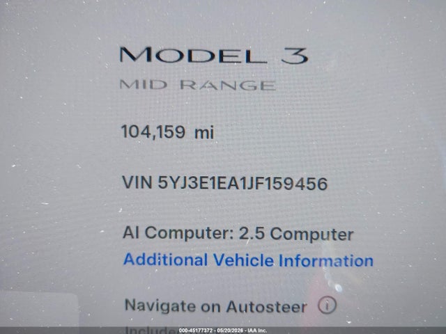 Продажа на аукционе авто 2018 Tesla Model 3 Long Range/mid Range, vin: 5YJ3E1EA1JF159456, номер лота: 45177372