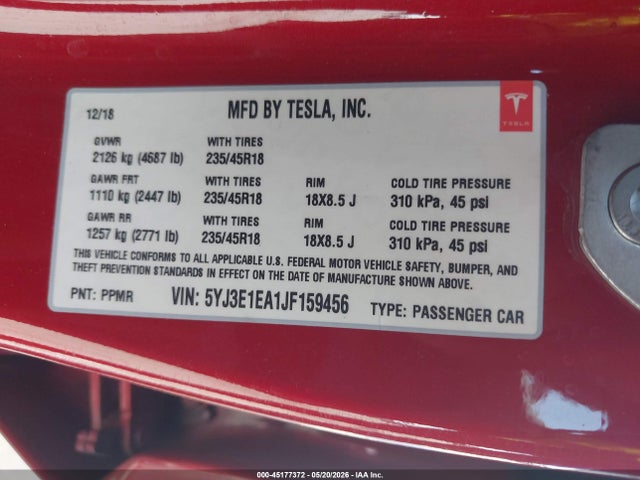 Продажа на аукционе авто 2018 Tesla Model 3 Long Range/mid Range, vin: 5YJ3E1EA1JF159456, номер лота: 45177372