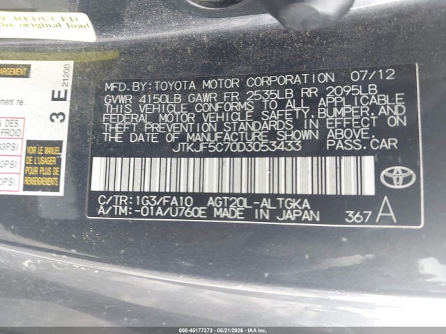 45177373 :رقم المزاد ، JTKJF5C70D3053433 vin ، 2013 Scion Tc مزاد بيع