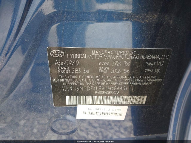 2019 Hyundai Elantra Se მანქანა იყიდება აუქციონზე, vin: 5NPD74LF9KH486401, აუქციონის ნომერი: 45177375