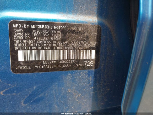 Продажа на аукционе авто 2024 Mitsubishi Mirage Black Edition/ralliart/se, vin: ML32AWHJ4RH022333, номер лота: 45177374