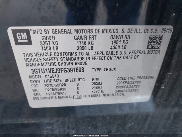 Продажа на аукционе авто 2015 Gmc Sierra 1500 Slt, vin: 3GTU1VEJ9FG397693, номер лота: 45177381
