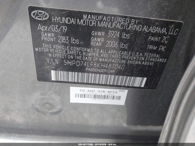 45177385 :رقم المزاد ، 5NPD74LF8KH487040 vin ، 2019 Hyundai Elantra Se مزاد بيع