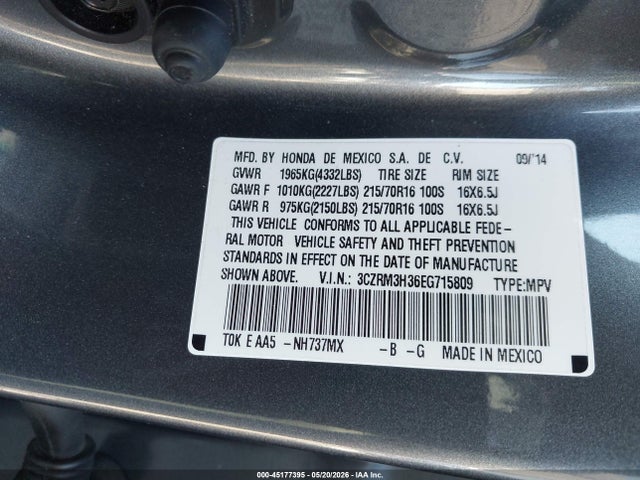 45177395 :رقم المزاد ، 3CZRM3H36EG715809 vin ، 2014 Honda Cr-v Lx مزاد بيع