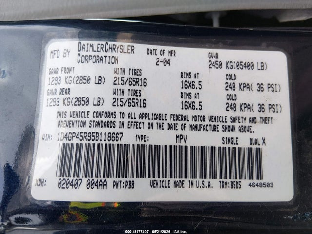 45177407 :رقم المزاد ، 1D4GP45R95B118667 vin ، 2005 Dodge Caravan Sxt مزاد بيع