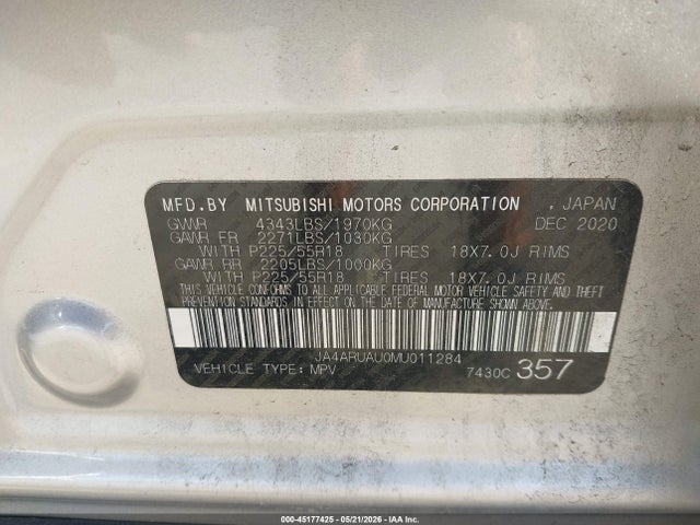 Aukcja sprzedaży 2021 Mitsubishi Outlander Sport 2.0 Be Awc/2.0 Es Awc/2.0 Le Awc/2.0 Se Awc, vin: JA4ARUAU0MU011284, numer aukcji: 45177425