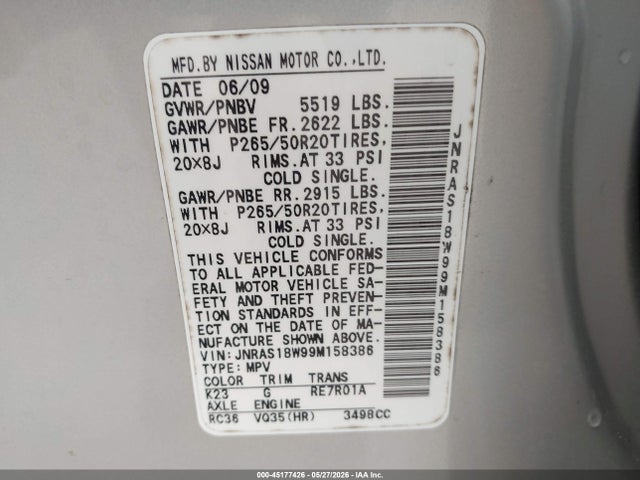 Aukcja sprzedaży 2009 Infiniti Fx35, vin: JNRAS18W99M158386, numer aukcji: 45177426