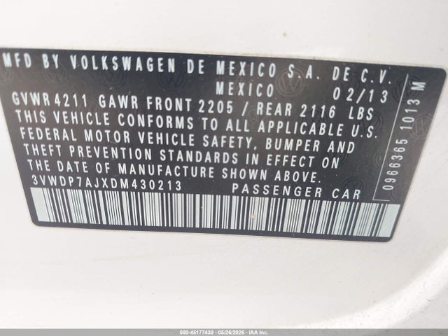 Aukcja sprzedaży 2013 Volkswagen Jetta 2.5l Se, vin: 3VWDP7AJXDM430213, numer aukcji: 45177430