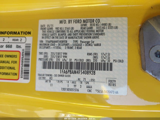 Продажа на аукционе авто 2015 Ford Mustang V6, vin: 1FA6P8AM4F5408928, номер лота: 45177436