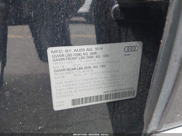 Продажа на аукционе авто 2015 Audi Q5 2.0t Premium, vin: WA1LFAFP7FA058688, номер лота: 45177438