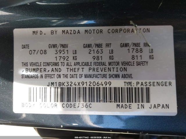 Aukcja sprzedaży 2009 Mazda Mazda3 S Touring, vin: JM1BK324X91206499, numer aukcji: 45177442