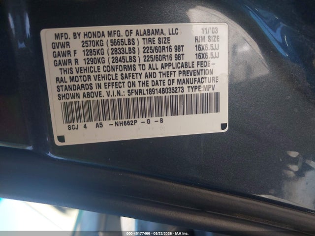 45177466 :رقم المزاد ، 5FNRL18914B035273 vin ، 2004 Honda Odyssey Ex-l مزاد بيع