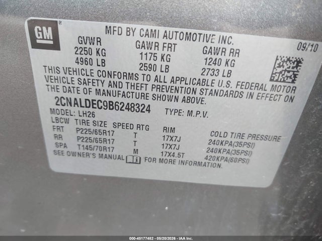 Продажа на аукционе авто 2011 Chevrolet Equinox 1lt, vin: 2CNALDEC9B6248324, номер лота: 45177482